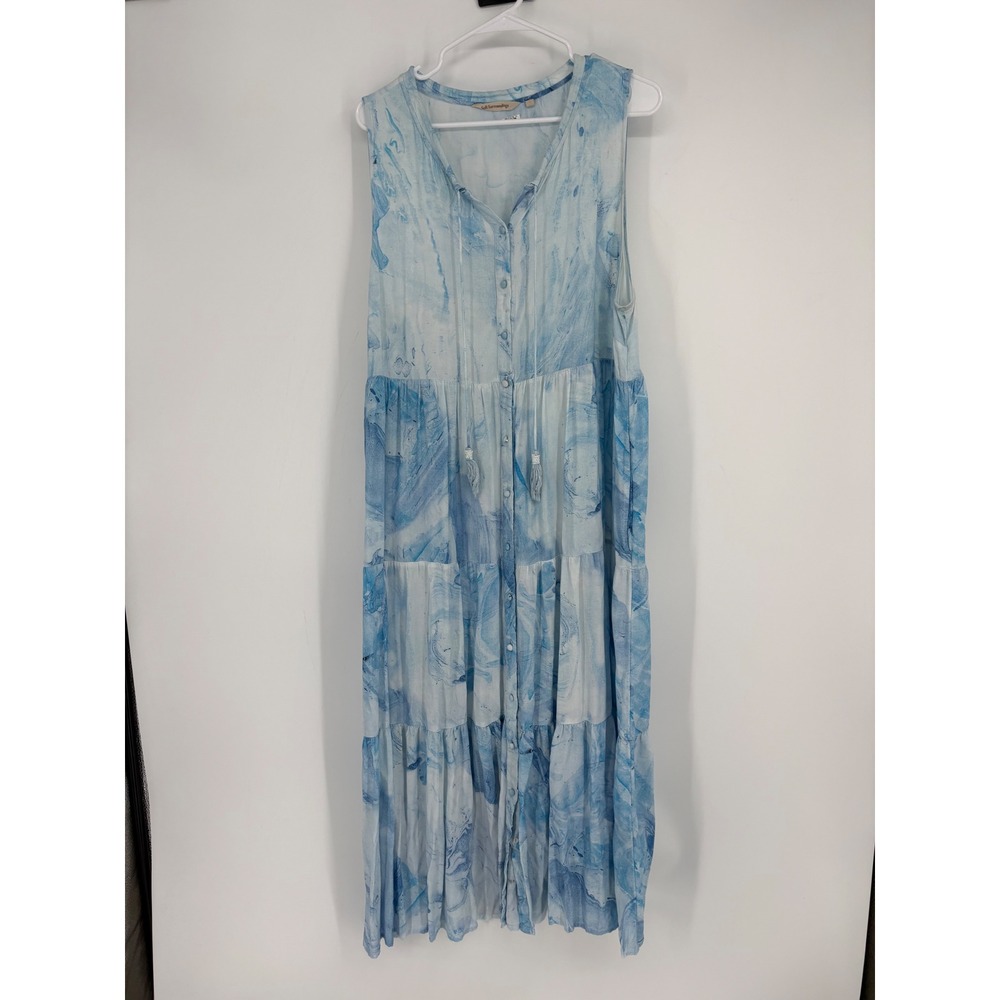 Soft Surroundings Maxi Dress Womens 1X Blue Marble Tiered Tassel Sleeveless